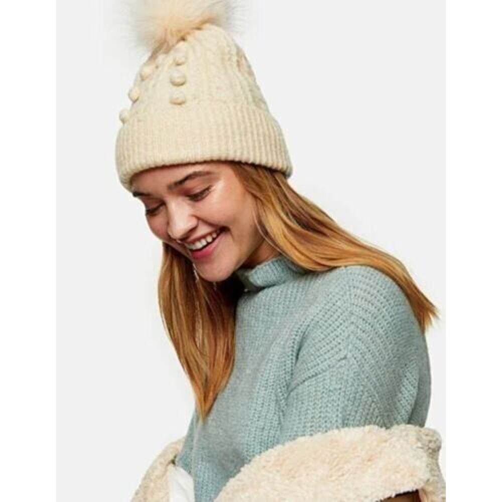 Topshop Women's Bobble Pompom Knit Beanie‎ Cream One Size